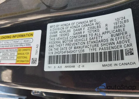 2025 Honda Civic Hybrid Sport/Sport Touring z USA, uszkodzony, nr VIN 2HGFE4F84SH311236